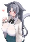  1girl absurdres animal_ears azur_lane black_hair blouse braid breasts cardigan cat_ears cat_girl cat_tail collared_shirt covered_nipples elegant_(sumisumi4268) hand_up highres huge_breasts long_hair neck_ribbon official_alternate_costume ooshio_(azur_lane) ooshio_(let&#039;s_&#039;ave_lunch)_(azur_lane) open_cardigan open_clothes parted_bangs pleated_skirt ribbon school_uniform shirt skirt solo tail white_background white_shirt 