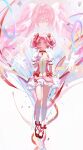  1girl absurdres bow breasts bubble_skirt closed_eyes dress dual_persona gloves hair_bow highres kaname_madoka kneehighs magical_girl mahou_shoujo_madoka_magica mahou_shoujo_madoka_magica_(anime) pink_bow pink_dress pink_eyes pink_hair pink_ribbon puffy_short_sleeves puffy_sleeves red_footwear ribbon shoes short_hair short_sleeves short_twintails skirt small_breasts socks soul_gem twintails ultimate_madoka white_gloves zutto_(dfvn7377) 