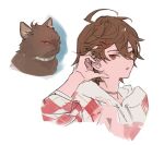  1boy 1other animalization brown_hair choker commentary_request expressionless granblue_fantasy hair_between_eyes hand_in_own_hair hood hood_down hoodie iwashi_(morpho000) looking_at_viewer male_focus messy_hair official_alternate_costume official_alternate_hairstyle parted_lips plaid portrait red_eyes sandalphon_(granblue_fantasy) short_hair solo_focus white_hood white_hoodie 