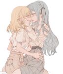  2girls after_kiss bang_dream! bang_dream!_it&#039;s_mygo!!!!! black_ribbon blonde_hair blue_hair blush collared_shirt commentary_request eye_contact french_kiss grey_ribbon grey_skirt hand_on_another&#039;s_waist hand_under_clothes hand_under_shirt highres junjun_(kimi-la) kiss long_hair long_sleeves looking_at_another medium_hair misumi_uika multiple_girls neck_ribbon purple_eyes ribbon saliva saliva_trail shirt simple_background sitting sitting_on_lap sitting_on_person skirt togawa_sakiko two_side_up white_background white_shirt yellow_eyes yuri 