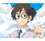  1boy anime_coloring black-framed_eyewear black_eyes black_hair blue_necktie close-up closed_mouth cloud collared_shirt commentary_request glasses hand_up holding holding_paper_airplane horikoshi_jirou jacket kaze_tachinu lapels letterboxed light_smile looking_at_viewer lowres male_focus necktie paper_airplane pink_jacket portrait round_eyewear shirt short_hair solo tottooo410_(romeo1207) white_shirt 