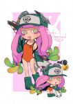  1girl baseball_cap boots border chibi chibi_inset colored_tips commentary_request commission coula_cat duct_tape eyelashes gloves green_eyes green_footwear green_gloves harmony&#039;s_clownfish_(splatoon) harmony_(splatoon) hat lifebuoy long_hair multicolored_hair multiple_views one-piece_swimsuit orange_one-piece_swimsuit outside_border pink_background pink_hair pink_pupils print_headwear rubber_boots rubber_gloves salmon_run_(splatoon) splatoon_(series) swim_ring swimsuit thank_you white_border 