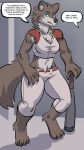 4_toes 5_fingers anthro athletic athletic_anthro athletic_female barefoot baseball_bat baseball_uniform bat_(object) black_nose breasts brown_body brown_fur canid canine chest_tuft claws clothed clothing dialogue english_text feet female finger_claws fingers fur hi_res hindpaw humanoid_hands mammal multicolored_body multicolored_fur mythological_canine mythological_creature mythology navel offscreen_character paws phrannd sara_(phrannd) solo speech_bubble sportswear standing text toe_claws toes tuft two_tone_body two_tone_fur uniform were werecanid werecanine werewolf white_body white_fur