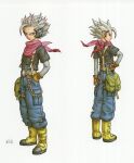  1boy absurdres ankle_boots arm_at_side bag baggy_pants belt belt_buckle belt_chain black_shirt blue_eyes boots brown_belt brown_gloves buckle chain character_request clenched_hands closed_mouth commentary dragon_quest dragon_quest_monsters dragon_quest_monsters_joker_3 fingerless_gloves fingernails from_behind full_body gloves green_bag grey_sleeves hand_in_pocket hand_on_own_hip headset highres layered_sleeves long_sleeves looking_back male_focus neckerchief official_art pants pink_neckerchief platform_boots platform_footwear profile reference_sheet serious shirt shirt_tucked_in short_over_long_sleeves short_sleeves sideways_glance simple_background single_bang spiked_hair standing suspenders toriyama_akira torn_clothes torn_pants velcro_footwear white_background white_hair yellow_footwear 