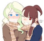  ;d blonde_hair blue_eyes blush breath brown_hair cheek-to-cheek coat dated diana_cavendish ear_blush facing_viewer kagari_atsuko little_witch_academia multiple_girls one_eye_closed one_side_up open_mouth plaid plaid_scarf red_eyes scarf shared_scarf signature smile tsukudani_(coke-buta) winter_clothes winter_coat 