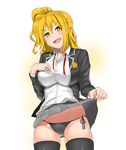  ass_visible_through_thighs black_legwear black_panties blonde_hair breasts cowboy_shot error eyebrows_visible_through_hair grey_skirt hand_on_own_chest large_breasts lifted_by_self long_hair long_sleeves looking_at_viewer open_mouth origami_hina panties pleated_skirt school_girl_strikers school_uniform side-tie_panties side_ponytail skirt skirt_lift smile smug solo string_panties thighhighs underwear yellow_eyes yuzu_kiro 