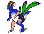 2017 ambiguous_gender anthro avian bird claws clothed clothing digital_media_(artwork) digitigrade dinosaur excited feathers fur hair hi_res human hybrid invalid_tag looking_back mammal naughtygryph open_mouth paws raptor simple_background smile solo standing theropod toes torn_clothing transformation 