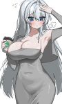  1girl alternate_costume artist_request bare_shoulders blue_eyes breasts cup dongtan_dress grey_hair highres holding holding_cup large_breasts long_hair meme_attire novelpia simple_background solo white_background 
