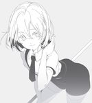  androgynous closed_mouth collared_shirt commentary diamond_(houseki_no_kuni) eyebrows_visible_through_hair eyelashes eyes_visible_through_hair gem_uniform_(houseki_no_kuni) greyscale hair_between_eyes hand_up highres houseki_no_kuni leaning_forward looking_at_viewer monochrome necktie sakura_sora shirt shirt_tucked_in short_hair short_sleeves shorts simple_background skirt smile solo standing thighhighs 