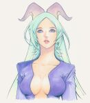  1girl andy_seto blue_eyes breasts character_request chinese_commentary cleavage collarbone commentary cropped_torso cyber_weapon_z english_commentary green_hair highres horns jacket long_hair marker_(medium) medium_breasts mixed-language_commentary parted_lips pink_lips plunging_neckline purple_jacket solo traditional_media upper_body 