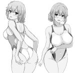  2girls absurdres ass ass_support back_cutout bare_arms bare_shoulders blush breasts cleavage clothing_cutout collarbone covered_navel covered_nipples cowboy_shot greyscale groin hair_bun hands_on_own_ass highleg highleg_swimsuit highres huge_breasts inanaki_shiki looking_at_viewer monochrome mother_and_daughter multiple_girls one-piece_swimsuit open_mouth short_hair shoulder_blades single_hair_bun single_side_bun swimsuit two-tone_swimsuit yahari_ore_no_seishun_lovecome_wa_machigatteiru. yuigahama_yui yuigahama_yui&#039;s_mother 