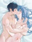  1boy 1girl :d absurdres bed_sheet black_eyes black_hair blue_eyes blue_hair blush breasts cleavage closed_mouth collarbone commission completely_nude couple eye_contact from_above grin highres hug hug_from_behind jaku-chara_tomozaki-kun long_hair looking_at_another lying medium_breasts nanami_minami navel nude on_back on_bed parted_lips pixiv_commission short_hair smile sunao_(souis) tomozaki_fumiya upper_body 