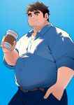  1boy ai-assisted bara beard_stubble belly brown_eyes brown_hair cowboy_shot cup denim disposable_cup facial_hair hand_in_pocket highres huge_eyebrows jeans looking_at_viewer male_focus medium_sideburns original pants plump short_hair solo standing stubble yuzpoco 