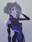  1girl adjusting_hair bodysuit breasts expressionless grey_hair highres jdge looking_at_viewer original parted_lips red_eyes short_hair short_twintails small_breasts solo twintails upper_body 