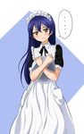  annoyed apron bangs blue_hair commentary_request cowboy_shot frills frown hair_between_eyes highres holding holding_plate long_hair looking_at_viewer love_live! love_live!_school_idol_project maid maid_apron maid_headdress omaehadareda-uso plate short_sleeves simple_background solo sonoda_umi speech_bubble v-shaped_eyebrows yellow_eyes 