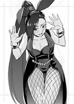  animal_ears breasts bunny_ears bunny_girl bunnysuit cleavage commentary_request dragon_quest dragon_quest_xi eyebrows_visible_through_hair fishnet_legwear fishnet_pantyhose fishnets greyscale katte_ni_kappa large_breasts long_hair looking_at_viewer martina_(dq11) monochrome open_mouth pantyhose smile solo 