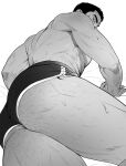  1boy ass ass_focus balnom bara dolphin_shorts from_behind greyscale highres looking_at_viewer looking_back male_focus mature_male micro_shorts monochrome muscular muscular_male original pectorals short_hair shorts sidepec solo sparse_arm_hair sparse_leg_hair sweat thick_ass_hair thick_eyebrows thick_thighs thighs topless_male tsurime 