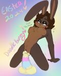 2024 absurd_res anthro arched_back balls belly_tuft bent_ears big_breasts big_dildo big_ears blush blush_lines bodily_fluids bodypaint breasts brown_body brown_eyebrows brown_fur brown_hair chest_tuft colorful_background dialogue dildo doodlebunnyart easter easter_balls easter_egg exclamation_point eyebrows eyeshadow female front_view fur genital_fluids genitals hair half-closed_eyes hands_behind_back heart_eyes heart_symbol hi_res holidays hunie_(doodlebunnyart) kneeling kneeling_over_dildo lagomorph leporid makeup mammal narrowed_eyes navel_tuft nipples nude painted_balls pastel question rabbit sex_toy shaking signature solo struggling_to_fit sweat tan_body tan_fur text too_big_to_fit trembling tuft vaginal_fluids wet