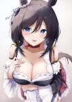  1girl :d animal_ears black_hair blue_eyes bob_cut bodice breasts choker cleavage dirndl ear_ribbon ear_scrunchie eishin_flash_(umamusume) german_clothes hair_between_eyes highres horse_ears horse_girl horse_tail large_breasts looking_at_viewer open_mouth ponimeri red_choker scrunchie short_hair skirt smile solo striped_clothes striped_skirt swept_bangs tail umamusume vertical-striped_clothes vertical-striped_skirt white_scrunchie 