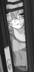  1girl bags_under_eyes bruise bruise_on_face collarbone door expressionless eyepatch gauze_on_cheek greyscale highres injury looking_at_viewer monochrome mushoku_loli mushoku_loli_(character) original parted_lips pov_doorway shirt solo 