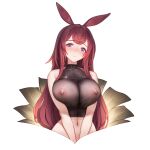  1girl animal_ears arknights bare_shoulders blush breasts breasts_squeezed_together closed_mouth covered_collarbone crop_top highres large_breasts long_hair looking_at_viewer navel nipples purple_eyes qingmingtongzi rabbit_ears ray_(arknights) red_hair see-through shirt simple_background sleeveless solo taut_clothes taut_shirt upper_body v_arms very_long_hair white_background 