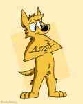 black_eyes black_nose canid canine canis detailed_background domestic_dog ear_piercing fur male mammal mushketeery null piercing signature simple_background smile solo winston_(hyranart) yellow_background yellow_body yellow_fur