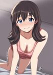  1girl all_fours bare_shoulders bed_sheet blue_eyes blush breasts brown_hair cleavage commentary_request dutch_angle hair_down highres idolmaster idolmaster_million_live! leaning_forward long_hair looking_at_viewer medium_breasts pink_tank_top ponpon satake_minako solo tank_top 