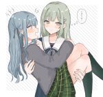  2girls bang_dream! bang_dream!_it&#039;s_mygo!!!!! black_socks blue_dress blue_hair blush carrying closed_mouth commentary dress green_hair green_skirt grey_jacket hair_ornament hairclip hand_on_another&#039;s_back hand_on_another&#039;s_shoulder hand_on_another&#039;s_thigh haneoka_school_uniform highres jacket kneehighs long_sleeves multiple_girls pleated_skirt princess_carry sailor_collar school_uniform skirt socks sweat thought_bubble togawa_sakiko translation_request tsukinomori_school_uniform two_side_up wakaba_mutsumi white_sailor_collar yellow_eyes yuri yuruha_(yuruha_cat) 