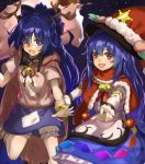  2girls armlet bangle bell bloomers blue_eyes blue_hair blue_skirt bow bracelet cape christmas_ornaments cloud commentary_request cowboy_shot drawstring dress fake_antlers feet_out_of_frame folded_leg food fruit fur-trimmed_hat fur-trimmed_shawl hair_between_eyes hair_bow hat hat_over_hat hinanawi_tenshi hood hood_down jewelry jingle_bell juliet_sleeves layered_dress leaf long_hair long_sleeves looking_at_viewer multiple_girls neck_bell neck_ribbon night night_sky open_mouth peach pink_hoodie piyodesu pointing pointing_at_viewer puffy_sleeves red_eyes red_shawl ribbon santa_hat shawl short_sleeves skirt sky standing standing_on_one_leg star touhou underwear very_long_hair wrist_grab yorigami_shion 