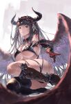  1girl absurdres aqua_eyes armor ass asymmetrical_legwear bikini bikini_armor black_bikini black_hair black_horns boots breasts chain closed_mouth commentary_request demon_girl demon_horns duplicate elbow_gloves feathered_wings gloves granblue_fantasy highres horns large_breasts long_hair looking_at_viewer magus_(granblue_fantasy) mismatched_legwear short_bangs single_elbow_glove single_thigh_boot smile solo sweat swimsuit thigh_boots wings yu_pian 