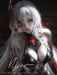  1girl acheron_(honkai:_star_rail) bare_arms bare_shoulders black_choker breasts choker cleavage flower highres honkai:_star_rail honkai_(series) large_breasts long_hair looking_at_viewer nixeu one_eye_covered petals red_eyes red_flower signature solo tattoo upper_body white_hair 