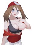  1girl absurdres bandana black_bra blue_eyes bra breasts brown_hair cleavage highres keiz large_breasts looking_at_viewer may_(pokemon) nipples off_shoulder one_breast_out open_clothes open_mouth open_shirt pokemon red_bandana red_shirt shirt short_hair_with_long_locks sidelocks simple_background skirt solo sports_bra underwear white_background white_skirt 