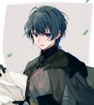  1boy armor black_armor black_cape black_gloves blue_hair byleth_(fire_emblem) byleth_(male)_(fire_emblem) cape commentary_request fire_emblem fire_emblem:_three_houses gloves grey_background highres holding holding_paper leaf male_focus paper purple_eyes sakura_no_yoru short_hair simple_background solo 