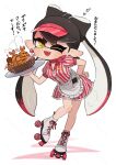  1girl apron basket black_hair bow-shaped_hair callie_(splatoon) colored_tips commentary_request coula_cat dress earrings food full_body heart highres holding holding_plate hoop_earrings inkling jewelry long_hair mole mole_under_eye multicolored_hair one_eye_closed open_mouth plate pointy_ears red_hair red_hat roller_skates shrimp shrimp_tempura simple_background skates smile solo splatoon_(series) star-shaped_pupils star_(symbol) steam striped_clothes striped_dress symbol-shaped_pupils teeth tempura tentacle_hair thick_eyebrows translation_request two-tone_hair visor_cap waitress white_background yellow_eyes yellow_pupils 