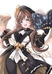  1girl :d angel_wings armor belt black_cape black_gloves black_pantyhose blue_eyes book breasts brown_hair cape cleavage commentary_request cowboy_shot facing_viewer feathered_wings gloves granblue_fantasy hair_between_eyes hair_intakes hand_on_own_hip highres holding holding_book impossible_clothes leotard long_hair looking_at_viewer low_twintails open_book pantyhose peru_(pe_ru_5) raziel_(granblue_fantasy) smile solo twintails white_belt white_leotard white_wings wings 