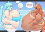 animal_humanoid belly big_belly big_breasts big_butt blue_hair bottomwear bovid bovid_humanoid bovine bovine_humanoid breasts brown_eyes butt canid canid_humanoid canine canine_humanoid cattle_humanoid cleavage clothed clothing dark_body dark_skin dialogue duo female fox_humanoid hair hi_res holding_belly huge_belly huge_breasts huge_thighs humanoid ilya_(pixiveo) mammal mammal_humanoid morbidly_obese morbidly_obese_female morbidly_obese_humanoid obese obese_female obese_humanoid orange_hair overweight overweight_female overweight_humanoid pixiveo red_eyes shorts side_view smile speech_bubble standing tail text thick_thighs topwear weight_gain zina_(pixiveo)