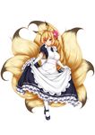 alternate_costume animal_ears blonde_hair commentary_request elbow_gloves enmaided flower fox_ears fox_tail full_body gloves hair_flower hair_ornament heart heart_tail highres kayou_(sennen_sensou_aigis) long_hair looking_at_viewer maid minaha_(playjoe2005) multiple_tails pink_eyes puffy_short_sleeves puffy_sleeves sennen_sensou_aigis short_sleeves skirt_hold smile solo tail transparent_background white_gloves white_legwear 
