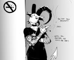 2024 anthro arm_tattoo black_and_white bovid caprine caprine_demon cigarette demon dialogue english_text facial_tattoo female goat_demon greyscale hi_res hladilnik holding_cigarette holding_object horn lucy_(hladilnik) mammal monochrome no_smoking nurse scrubs solo tattoo text