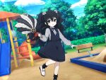  1girl aged_down ankle_socks april_fools bench black_bow black_bowtie black_eyes black_hair black_socks bow bowtie child cloud cloudy_sky day dress feather_fan flower fubuki_(senran_kagura) hair_flower hair_ornament hand_fan holding holding_fan jungle_gym light_blush long_hair long_sleeves official_alternate_costume official_art open_mouth pale_skin park park_bench playground sandbox senran_kagura senran_kagura_new_link shirt shovel sky smile socks solo striped_clothes striped_shirt sunlight tree twintails wavy_hair white_flower white_footwear white_lily 