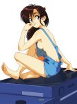  1girl absurdres barefoot blue_eyes blue_overalls breasts brown_hair highres light_smile long_hair looking_at_viewer medium_breasts naked_overalls object_request original overall_shorts overalls parted_lips samoto_mitsukuni sitting solo 
