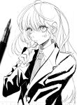  1girl ahoge art_tools_in_frame blush collared_shirt greyscale highres holding holding_pen jacket long_hair looking_to_the_side monochrome necktie nib_pen_(medium) nib_pen_(object) original pen photo_(medium) shirt sketch solo traditional_media upper_body yamagata_atsuka 