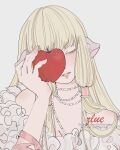  1girl apple artist_name bad_source blonde_hair blunt_bangs chii chobits close-up dress english_commentary food frilled_dress frills fruit hair_over_shoulder highres holding holding_food holding_fruit jewelry long_hair looking_down low-tied_sidelocks necklace one_eye_covered parted_lips pearl_necklace robot_ears simple_background solo upper_body zlue 