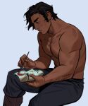  1boy amon_(legend_of_korra) avatar_legends bara black_hair dark-skinned_male dark_skin facial_hair from_side half-closed_eyes highres holding holding_mask long_sideburns male_focus mask muscular muscular_male painting_(action) pants pectorals profile sideburns sideburns_stubble sitting solo sparse_arm_hair sparse_chest_hair stubble the_legend_of_korra vita-divata 