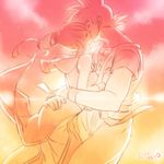 1girl bakusou_k chi-chi_(dragon_ball) closed_eyes couple dated dougi dragon_ball dragon_ball_z hands_on_another's_chest hetero hug kiss lowres short_hair smile son_gokuu tied_hair translation_request wristband 