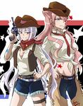  ahoge alternate_costume belt breasts chaps cleavage cowboy_hat denim green_eyes gun hand_on_hip handgun hat holster jeans large_breasts long_hair maria_cadenzavna_eve multiple_girls necktie pants pink_hair purple_eyes revolver scarf senki_zesshou_symphogear shirt shorts sleeves_rolled_up smile star star_tattoo stc tattoo thigh_strap tied_shirt trigger_discipline weapon white_hair yukine_chris 