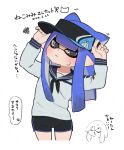  1girl 1other black_hat black_shorts blue_hair blue_trim blush closed_mouth commentary_request coula_cat cropped_legs dated dolphin_shorts grey_eyes inkling inkling_girl inkling_player_character kemonomimi_mode light_frown long_hair pointy_ears print_headwear sailor_collar sailor_shirt shirt shorts simple_background splatoon_(series) squiggle standing tentacle_hair translation_request visor_cap white_background 