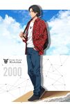  1010_mumumu 1boy 2000 backpack bag black_footwear black_hair blue_sky copyright_name crossed_legs from_side godai_yuusuke hand_in_pocket highres jacket kamen_rider kamen_rider_kuuga_(series) logo looking_at_viewer male_focus red_jacket red_shirt shirt sky standing white_shirt 