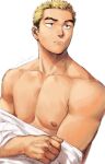  1boy abs bare_pectorals blonde_hair gentle2nd highres looking_to_the_side male_focus multicolored_hair nipples original pectorals sanpaku short_hair solo standing thick_eyebrows toned toned_male two-tone_hair undressing upper_body 