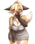  anthro big_breasts blonde_hair bra breasts canine cleavage clothed clothing eyelashes fangs fellatio_gesture fox hair kinokoningen mammal off_shoulder open_mouth orange_eyes pawpads simple_background sweater underwear white_background 