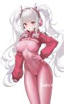  1girl absurdres ahoge alice_(nikke) animal_ear_headphones animal_ears blush bodysuit breasts covered_navel fake_animal_ears gloves goddess_of_victory:_nikke hand_on_own_hip headphones highres jojo_xiuxian large_breasts latex latex_bodysuit long_hair looking_at_viewer pink_bodysuit pink_eyes pink_gloves pink_headphones pink_sleeves shrug_(clothing) simple_background smile solo twintails white_background white_hair 